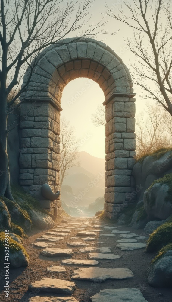 Poster stone archway leads to a mysterious path, framed by bare trees in a landscape of gentle hills and wa
