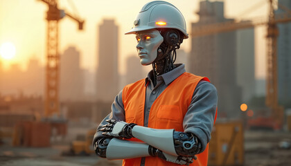 Robotic worker wearing safety helmet vest construction site. Digital transformation business model concept. Artificial intelligence, automation. Modern tech innovation. Futuristic cityscape sunset.