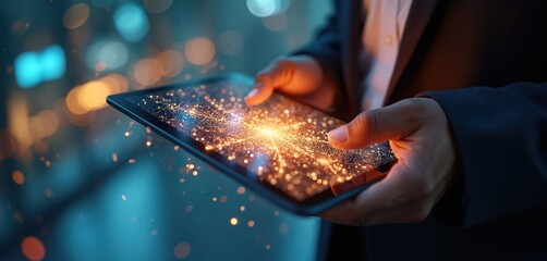 Businessman using tablet with digital glowing network. Tech concept connectivity, networking, digital transformation, innovation, data analysis, ai, futuristic technology, virtual environment,
