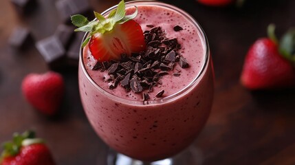Delicious Strawberry Smoothie with Chocolate Shavings and Fresh Fruit Garnish