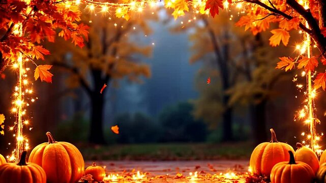 Autumn wallpaper background frame with pumpkins, leaves and glowing lights