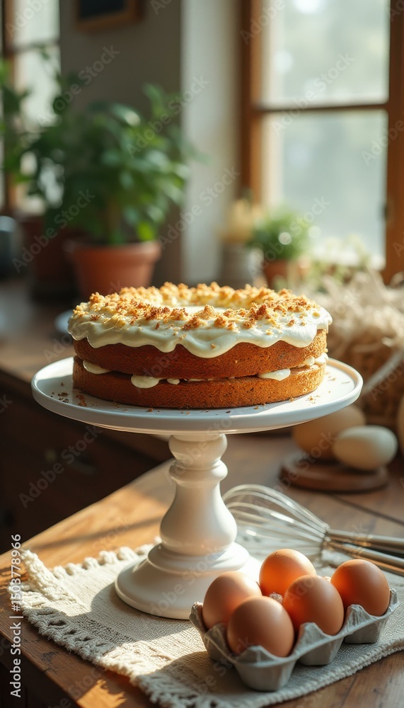Poster delicious round layer cake on a pedestal stand with fresh eggs and natural light