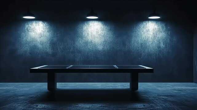 Empty interrogation room with a table and three spotlights shining down, mysterious setting