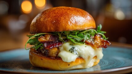Close up shot of a gourmet burger with bacon cheese and greens on a blue plate with bokeh background