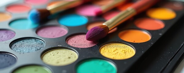 Naklejka premium Close-up of colorful eyeshadow palette with make-up brushes. Variety of bright, vibrant colors in palette. Cosmetic products for eye make-up, beauty, fashion industry. Pro artist tools, for eye