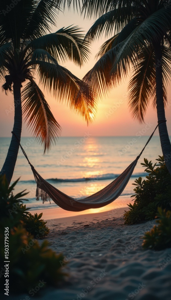 Poster serene sunset view with hammock between palm trees over sandy beach overlooking ocean, romantic trop