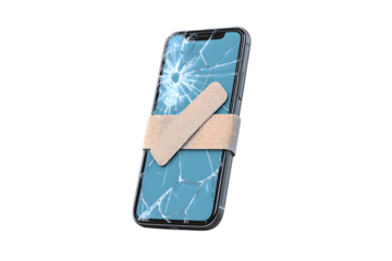 Broken phone screen repair service needed cracked glass fix band aid solution on transparent background