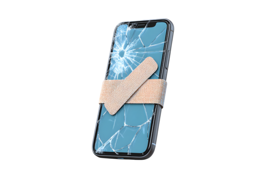 Broken phone screen repair service needed cracked glass fix band aid solution on transparent background