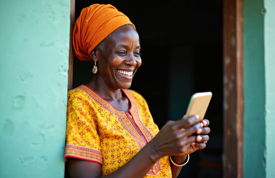 Smiling elderly african woman uses smartphone. Happy senior female holds mobile phone, checking social media app, chatting. Positive lifestyle, communication in modern tech world.