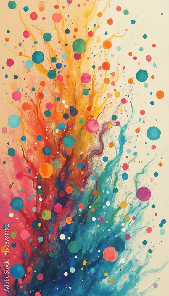 Poster energetic abstract art painting: multicolored circles and swirls in a modern style