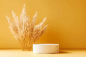 Autumn yellow pedestal and stand mock up with pampas grass on brown or yellow background, copy space,