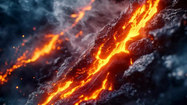 Lava flows and glows as it moves over volcanic rock creating stunning visuals and natural energy in real-time