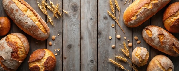 Top-down view of assorted bread loaves, fresh wheat stems arranged on weathered wood background. Rustic bakery food concept. Banner idea for food market, shop or restaurant menu design.