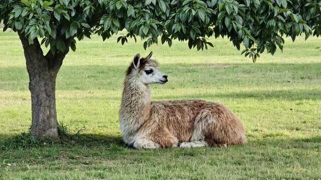 Llama resting under tree in calm, grassy setting