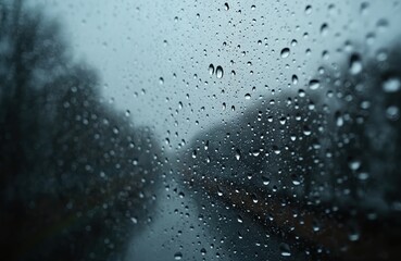 Obraz premium Raindrops on glass window. Water drops on transparent surface. Rainy weather abstract photo. Dark blurry backdrop. Nature and environment concept. Bad weather concept. Autumn season. Overlay element.