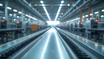 Empty assembly line factory interior, production manufacturing space. Modern automated industrial plant for car parts, automotive. Metallic machinery, technological equipment. Industrial, technology,