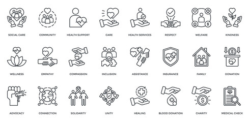 Social Care icon set. Containing care, community, health support, empathy, compassion, solidarity, respect, donation. Outline style