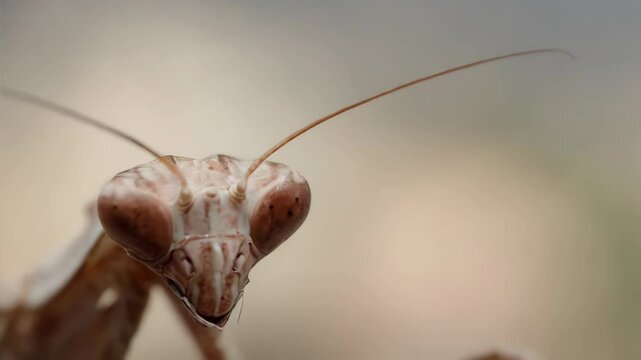 Detailed macro portrait of a light brown praying mantis with large eyes and antennae facing forward on a neutral gray background