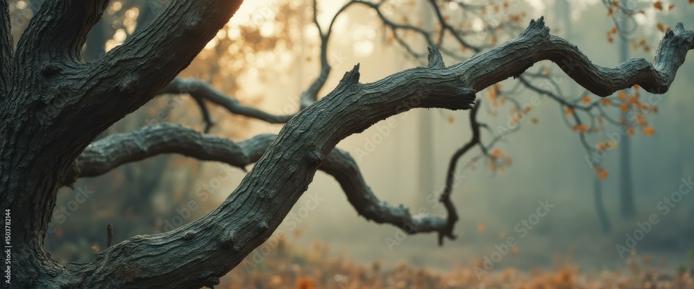 Poster gnarled tree branches with intricate textures, autumn foliage and tranquil forest scene