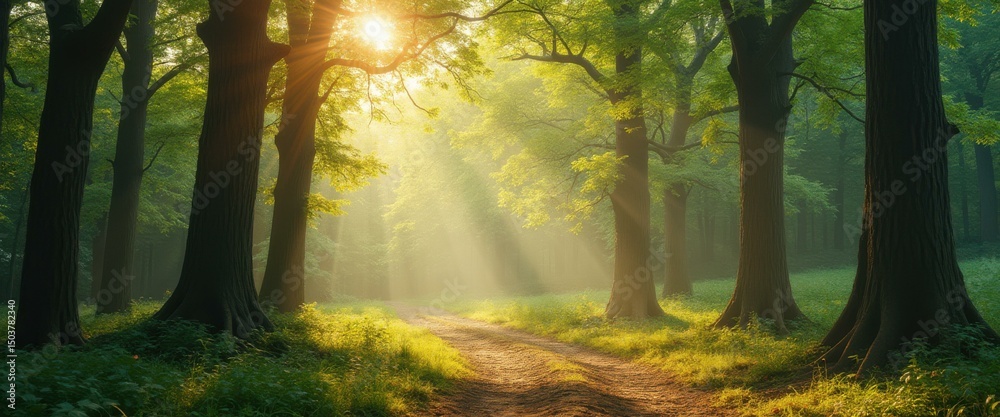 Aufkleber Sunlit Path Through a Lush Forest with Towering Trees and Golden Rays Creating a Tranquil and Ethereal Ambiance
