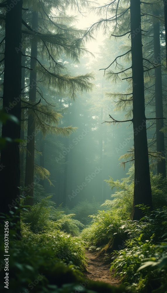Aufkleber Misty forest path illuminated by sunlight filters through tall trees and lush greenery, creating a tranquil and scenic outdoor environment.