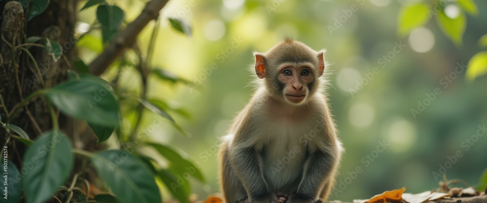 Poster alert rhesus macaque monkey portrait in natural forest setting