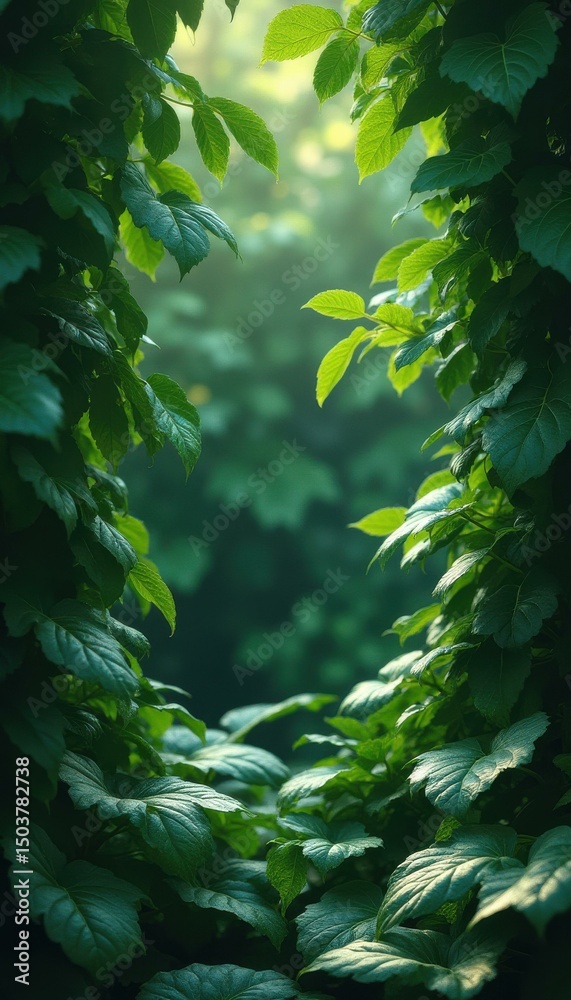 Aufkleber lush green vines framing a path into a mystical forest glade with soft light