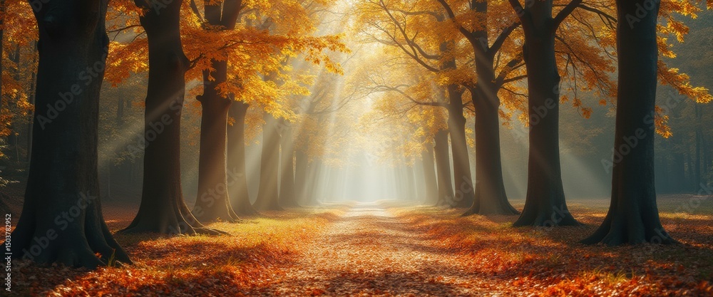 Aufkleber enchanting autumn forest pathway with golden leaves and ethereal sunlight creating a serene and pict