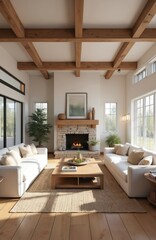 Cozy farmhouse living room interior with wooden beams. Stone fireplace adds warmth. Comfortable seating. Rustic design creates inviting atmosphere. Wooden furniture, neutral colors, natural light