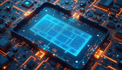 Futuristic digital tennis court. Modern technology, advanced AI, ball control, interactive training. High tech sport, equipment, innovation, smart court design, precise performance. Competition,