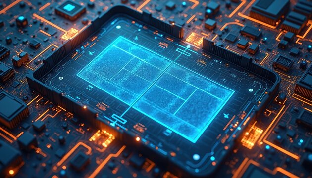 Futuristic digital tennis court. Modern technology, advanced AI, ball control, interactive training. High tech sport, equipment, innovation, smart court design, precise performance. Competition, - Powered by Adobe