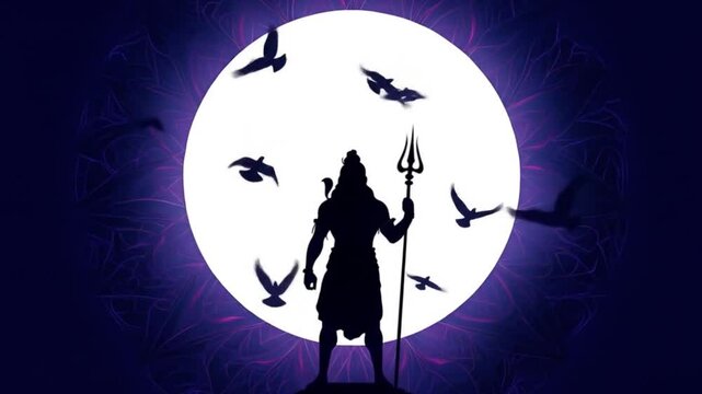 Lord Shiva wallpaper with a stunning silhouette holding a trident, perfect for spiritual designs, backgrounds, meditation apps, and religious themes.