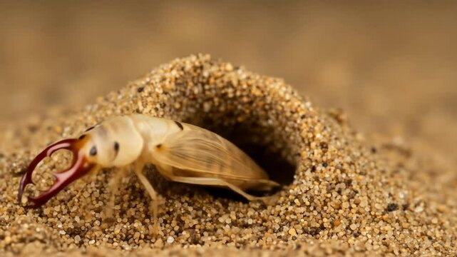 Macro close-up of an antlion larva hiding at the base of a sand cone. The grains tremble as an ant nears &mdash; then the jaws burst from beneath with lightning precision