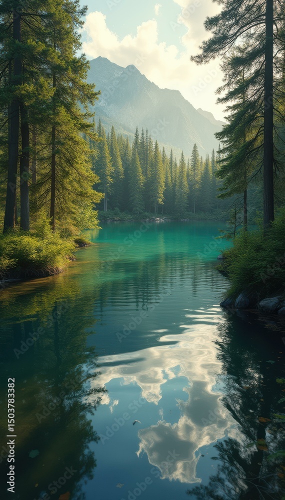 Poster serene lake scene: reflection of clouds and mountains in calm water surrounded by dense evergreen fo