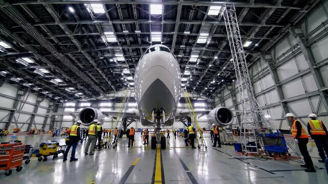 Aircraft maintenance crew working inside large hangar, airplane in center, busy industrial scene