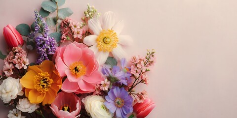 Spring floral composition made of fresh colorful flowers on light pastel background. Festive flower concept with copy space.