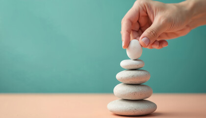 Hand setting natural white stone stack to balance. Body mind soul spirit equilibrium. Mental health, meditation, spa, zen concept. Harmony positive mind happy life contemplation.