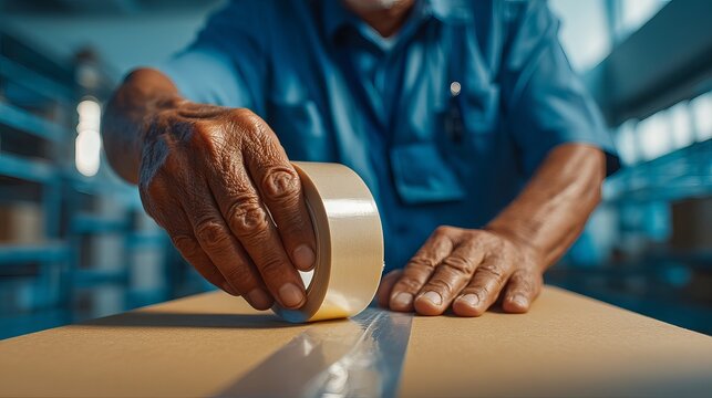 Man sealing a cardboard box with tape in a warehouse setting with shelves in the background view