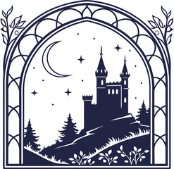 Enchanted Castle Silhouette with Moonlit Night Sky Framed by Elegant Gothic Arch © nusyer