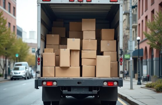 Back of delivery truck filled cardboard boxes ready shipment. Truck parked on city street. Boxes for delivery service moving business order, storage, online shop. Logistics freight cargo industry.