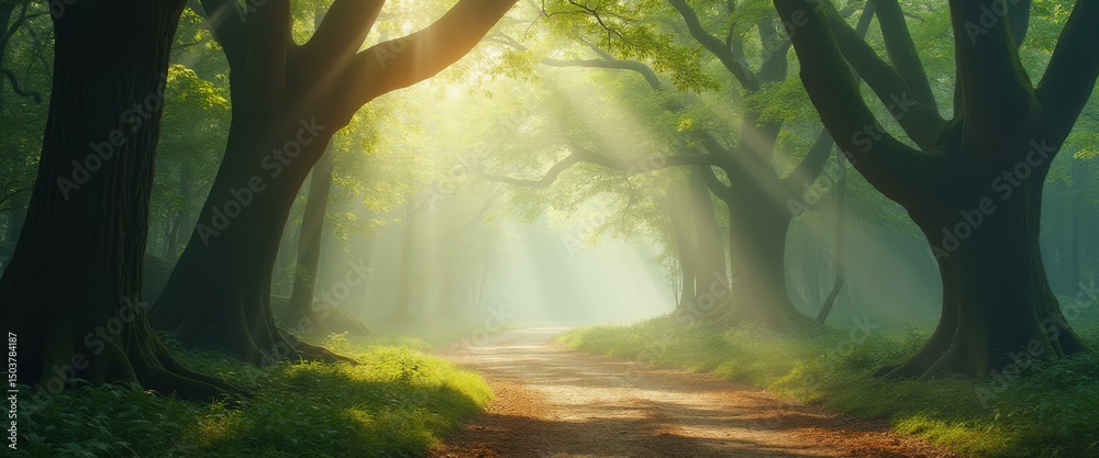 Fototapete sunlight filtering through a misty forest path lined with towering trees