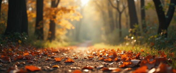 Autumn forest path covered in fallen leaves on a sunny day, creating a peaceful and seasonal ambiance.