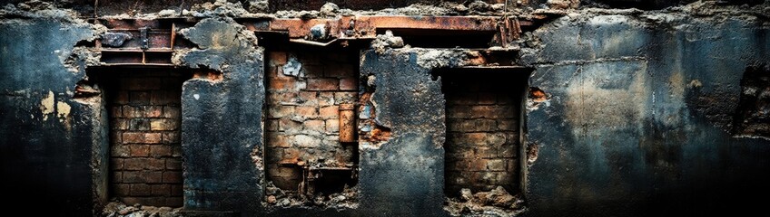 Ruined brick wall, charred and broken