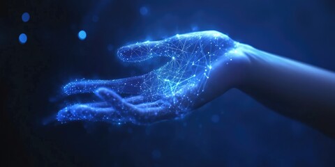 A glowing, digital hand, network of light particles