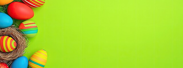 Colorful Easter eggs in a nest on a bright green background