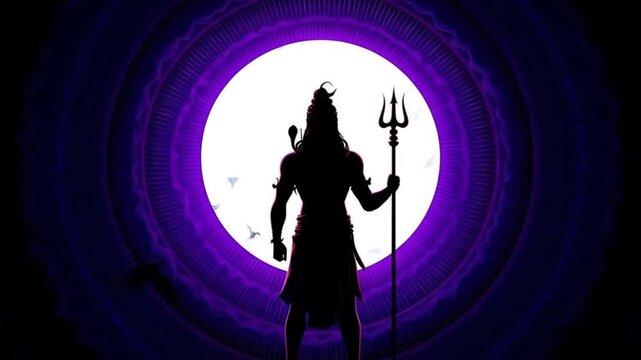 Lord Shiva wallpaper with a stunning silhouette holding a trident, perfect for spiritual designs, backgrounds, meditation apps, and religious themes.