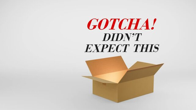 3D Cardboard Box Animation Revealing Gotcha! Didn&rsquo;t Expect This with Confetti