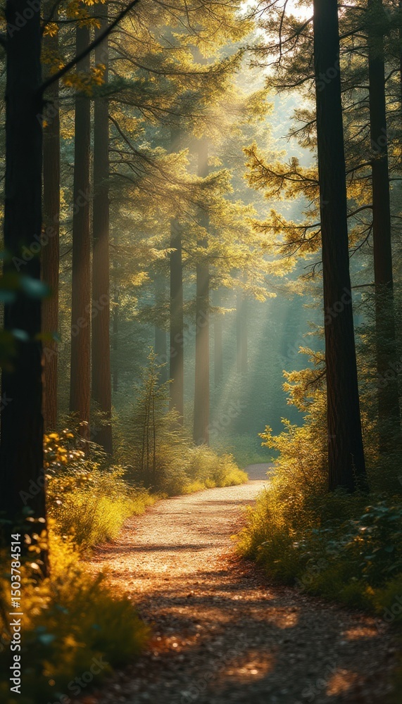 Poster sunlit path through a forest of towering trees: serene natural landscape with golden light