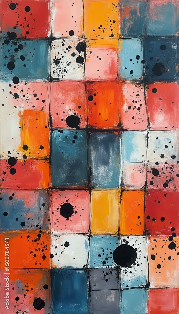 Poster vivid abstract painting of geometric color blocks with expressive drips and splatters, bold contempo