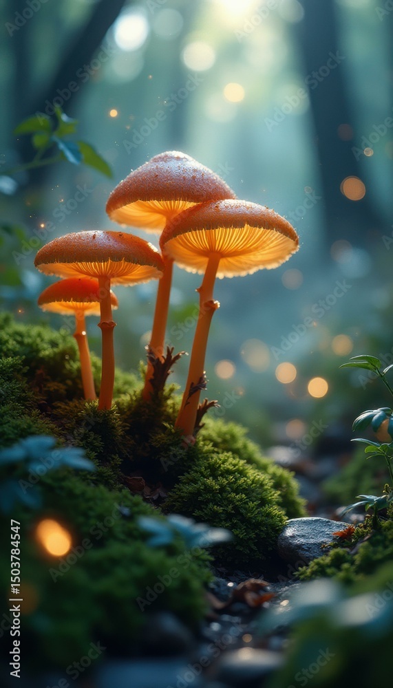 Poster enchanting mushrooms in the forest bathed in mystical light, mossy ground and soft bokeh create magi